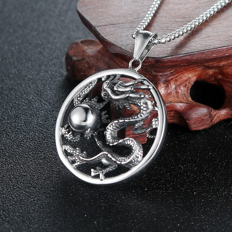 Edgy Titanium Steel Dragon Ball Pendant for Men - Personalized Punk Animal Jewelry