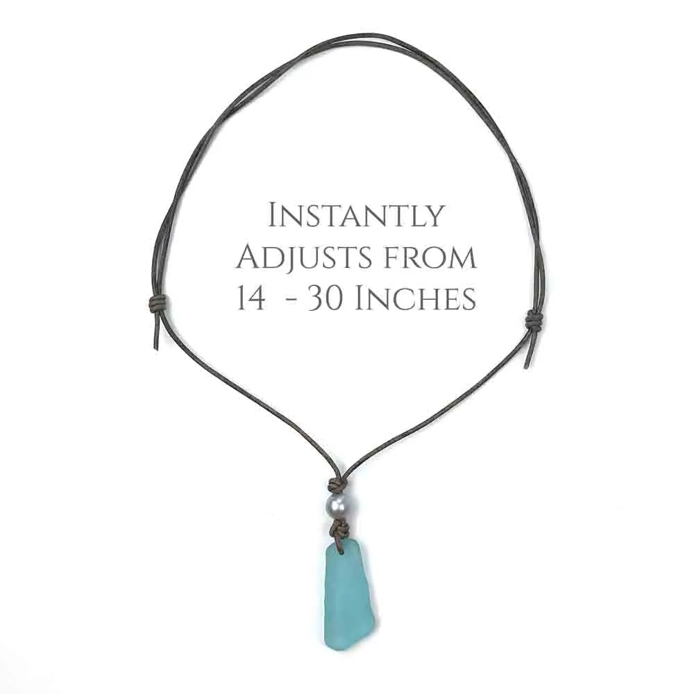 Lively Teal Geometric Sea Shard Pottery Leather Necklace | #5092